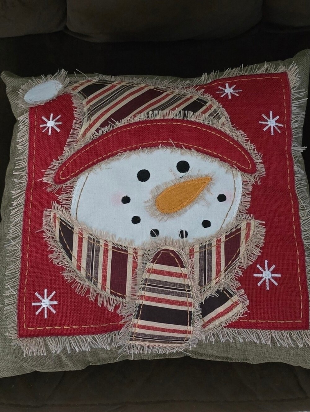 Snowman Throw Pillow Approximate 17" x 17" Striped Fringed Excellent